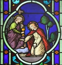 Stained Glass Window depiction of Jesus' Agony in Garden.