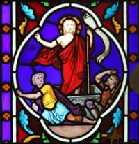 Stained Glass Window depiction of Jesus' resurrection.