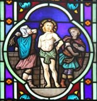 Stained Glass Window depiction of Jesus' Scourging.