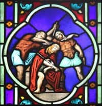 Stained Glass Window depiction of Jesus' Crowning with Thorns.