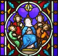 Stained Glass Window depiction of the Descent of the Holy Spirit on the Apostles.