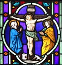 Stained Glass Window depiction of Jesus Crucified.