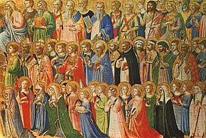 Composite image of multiple famous saints.