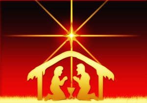 Red and gold picture-card of crib