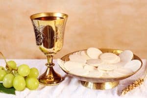 Hosts and wine as used during the Mass.