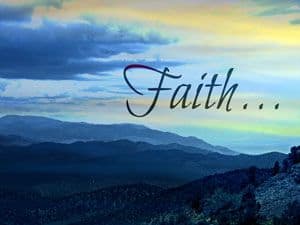 Word "Faith" set against blue skyline
