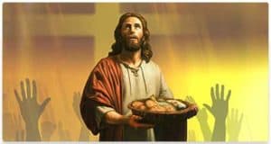 Jesus with basket of bread and fish