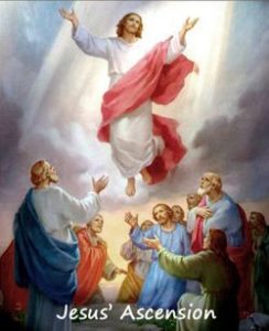 Jesus ascends above the heads of the Apostles