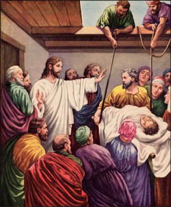 Sketch of Paralytic being lowered into home