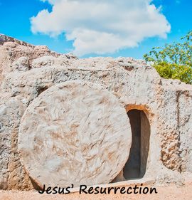 Jesus' tomb with stone partially rolled aside