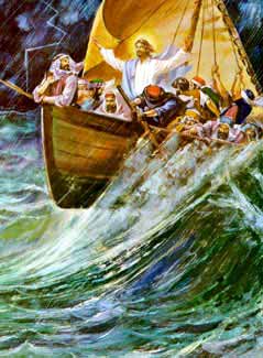 Apostles in boat on stormy sea