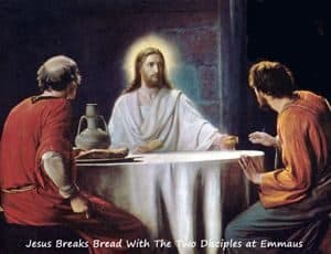 Jesus sitting with the two disciples he joined on the road to Emmaus