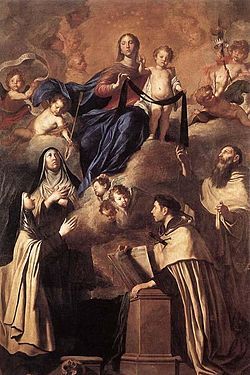 Image of St Simon Stock (standing) and other Carmelite Saints gazing upwards towards Our Lady of Mount Carmel.