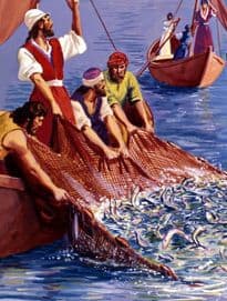 Image of Apostles hauling fish on board boat