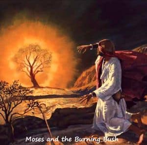 Moses kneeling at the burning bush