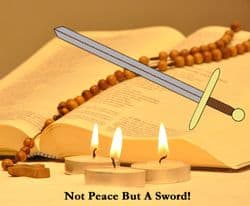 Bible, beads, candles, sword, 