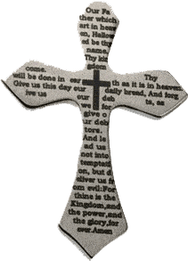 Wooden cross with the Lord's Prayer written on it.