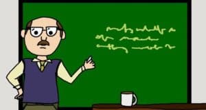 Cartoon sketch of a Teacher at the front of a classroom.