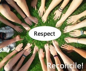 Many hands with Quote: Respect, Reconcile