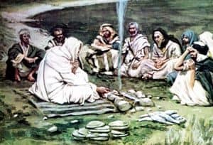 Sketch of the Risen Jesus eating with some of his disciples by the Sea of Galilee