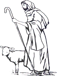 Outline sketch of shepherd with a staff and a lamb