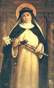 St Catherine of Siena holding a Cross and flowers