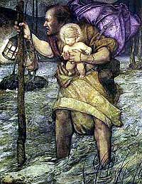 Drawing of St Christopher protecting the Child Jesus in a storm.