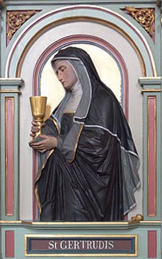 Image of St Gertrude holding a golden chalice.