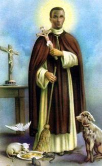 Image of St Martin de Porres holding a Cross and surrounded by animals.