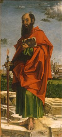 Image of St Paul holding a Bible and Sfaff