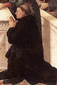 Image of St Peregrine kneeling in prayer.