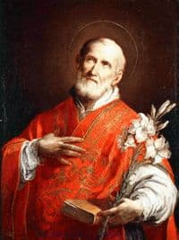 St Philip Neri holding a Bible and Flowers.