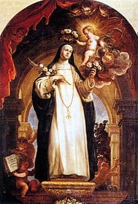 Image of St Rose of Lima being crowned with a ring of flowers.