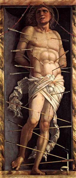 Image of St Sebastion pierced with multiple arrows.