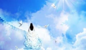 Lady walking a stairway that reaches into the clouds