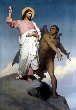 Image of satan asking Jesus to throw Himself from a high mountain