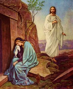 Mary Magdalene crying outside Jesus' tomb