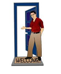 Sketch of man standing on WELCOME mat and opening door