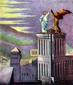 Sketch of jesus being tempted by Satan on the top of a high building