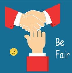 Three hands, smiley and quote: Be Fair